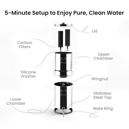 Gravity Water Filter System - 3.25 Gallons - NSF Certified - AISI 304 Stainless Steel Countertop Water Filter System with 2 Smart (Black) Carbon Filter Elements & Free Stainless Steel Water Spigot