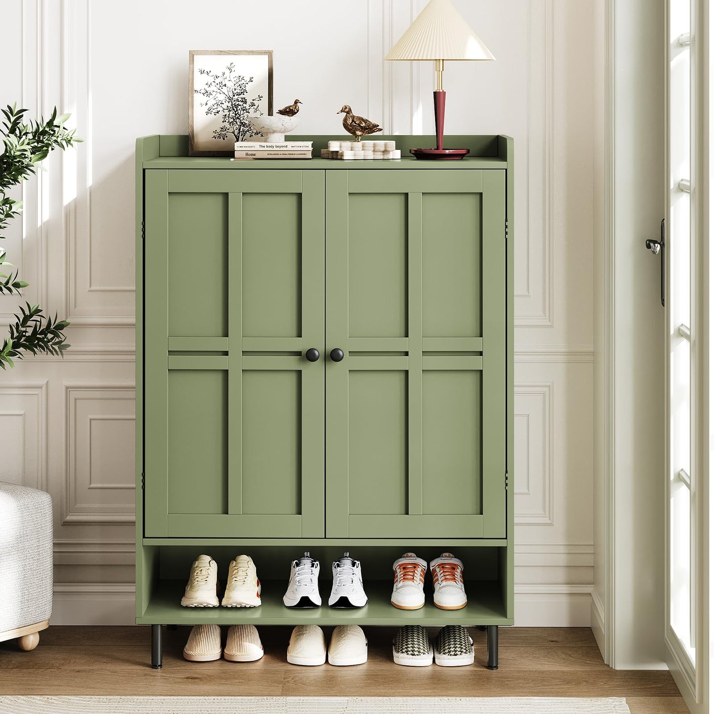 ComfyCorner Shoe Cabinet with Cross Molding Doors, 6-Tier Storage, Green