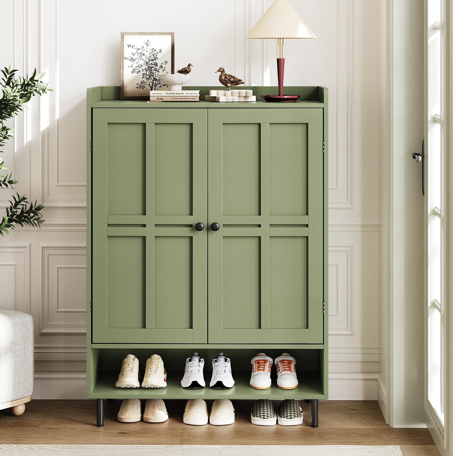 ComfyCorner Shoe Cabinet with Cross Molding Doors, 6-Tier Storage, Green