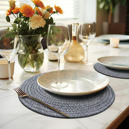 Round Placemats Set of 6, Cotton Rope Woven Table Mats, Hot Pads for Kitchen, Non Slip Heat Resistant Place Mats, 13 Inches Braided Placemat for Farmhouse Decor and Kitchen Table Decor (Gray)