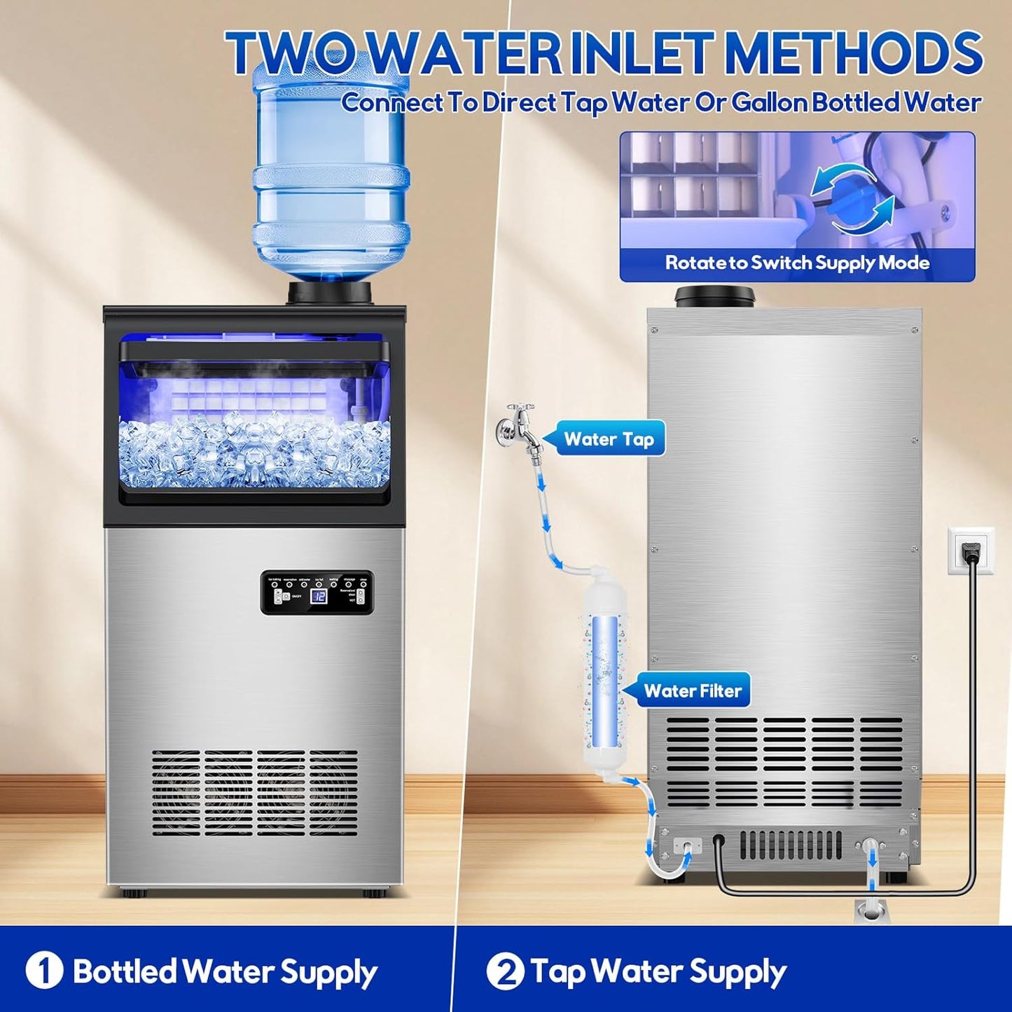 Commercial Ice Maker Machine, 110Lbs/24H, 30Lbs Storage, 36Pcs Clear Ice Cubes in 10-15Mins, Stainless Steel Under Counter or Freestanding Ice Machine - 2 Water Inlet Modes, for Home Party Office