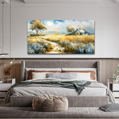 KELIYUAN Wildflower Field Landscape Painting Modern Canvas Print Wall Art Rural Field Mural Artwork Living Room Dining Room Wall Decoation For Bedroom Office Farmhouse Home Decoration 24x48 Inches