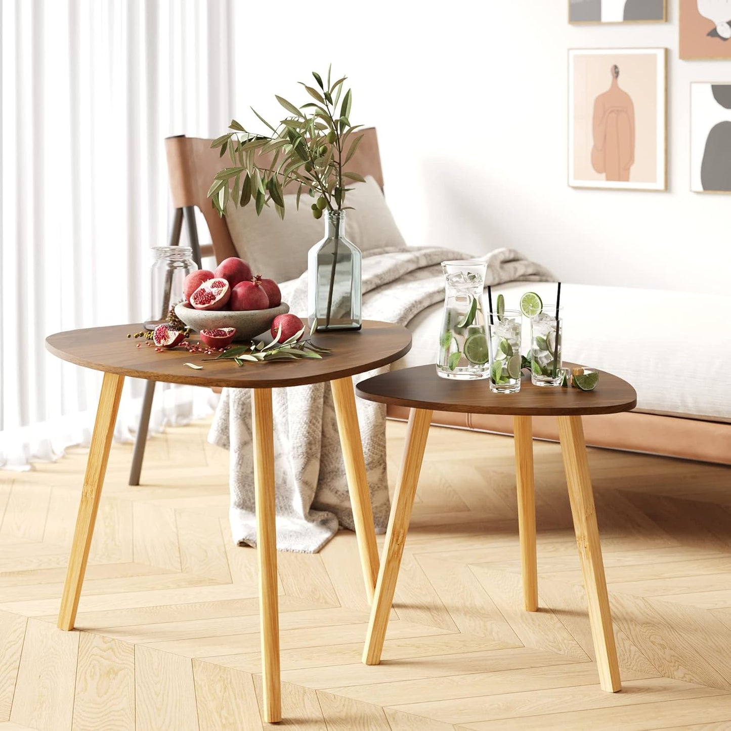 BAMEOS Bamboo Nesting Triangle End Table,Set of 2 Coffee Table Modern Minimalist Side Table for Living Room (Walunt)