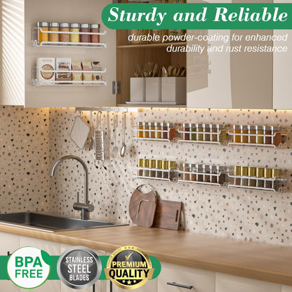 LUCYCAZ 8 Pack Wall Mounted Spice Rack with 16 Hooks, Spice Organizer Shelf for Stove Cabinet Pantry Door,Screw or Adhesive Spice Shelf Hanging Wall Spice Rack in Kitchen and RV (White, 8 PACK)