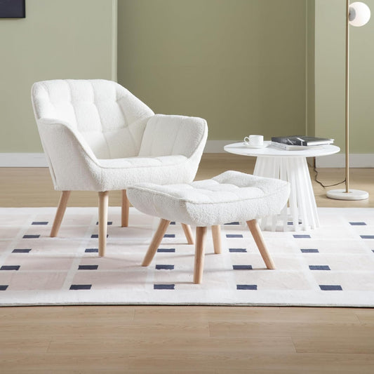Modern Sherpa Accent Chair with Ottoman, Fluffy Upholstered Lounge Chair with Footrest, Comfy