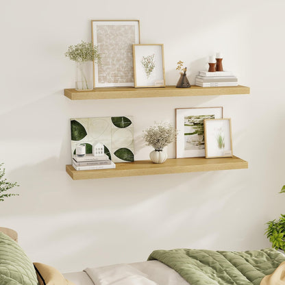 Floating Shelves Wall Shelf 48 Inch, 9.3 Inch Deep Floating Shelf for Wall, Farmhouse Black Wood Shelves Invisible Bracket for Living Room, Bedroom, Kitchen, 48 x 9.3 x 1.4 Inch, Set of 2, Oak Color
