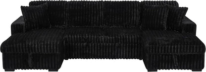 THSUPER Oversized U Shaped Plush Corduroy Fluffy Sectional Sleeper Sofa with Pull Out Bed and Double Storage Chaise for Living Room - Black