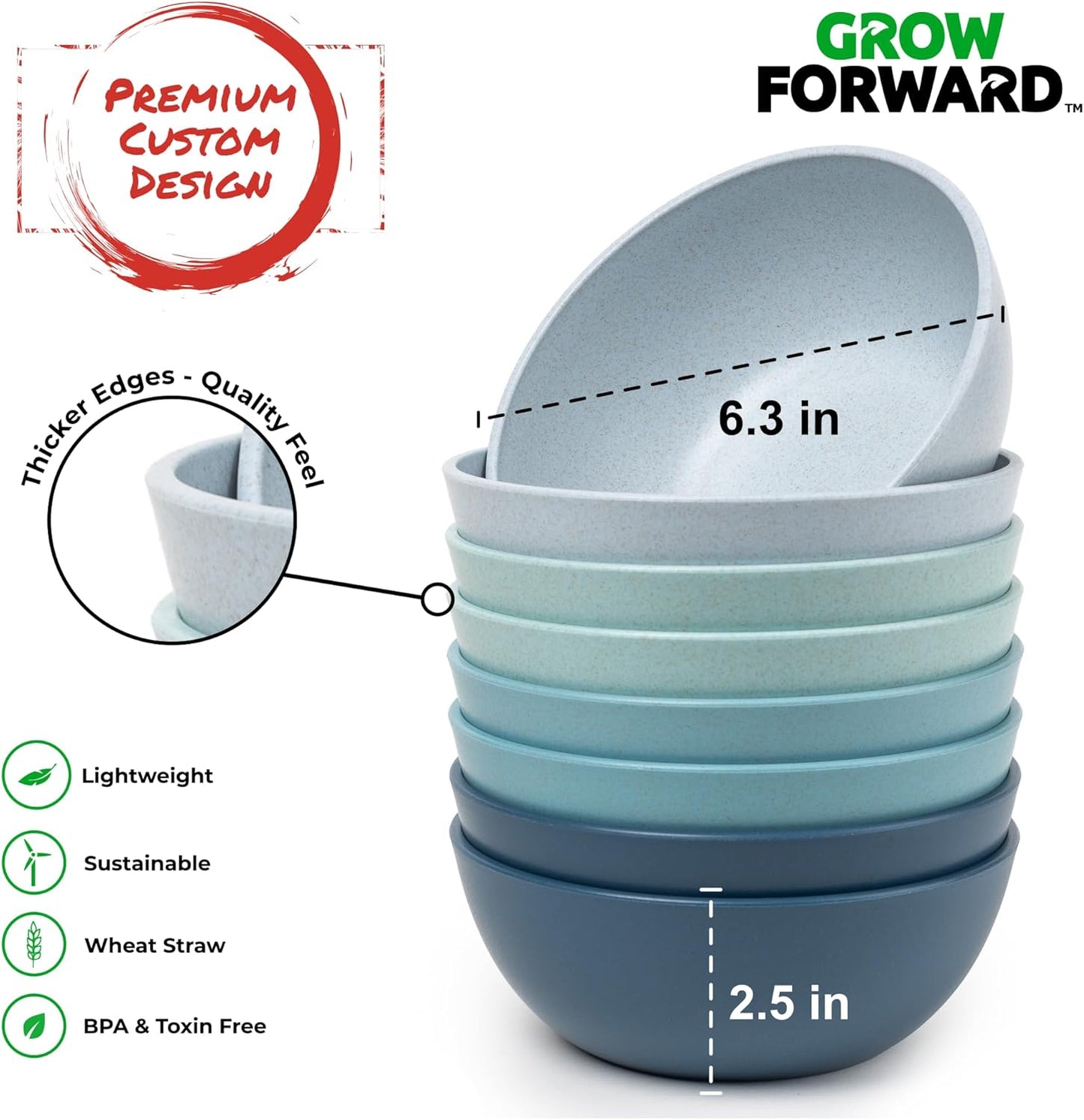 Grow Forward Premium Wheat Straw Bowls - 27oz Microwave Safe Plastic Cereal Bowls Set of 8 for Kitchen, Camping, RV, Dessert, Snack, Soup, Salad, Fruit - Reusable, Unbreakable & BPA Free - Seascape