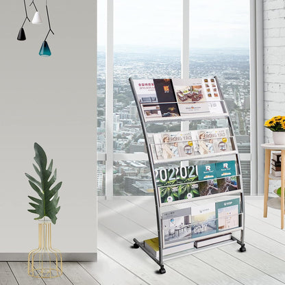 Brochure Display Stand, Floor-Standing Magazine Rack with 4 Pockets, Information Rack With casters Easy to Move for Trade Show Exhibitions Office Retail Store 44.1" H