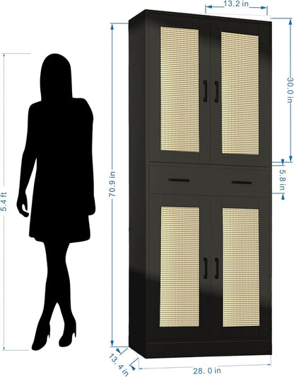 71" Tall Black & Rattan Pantry Cabinet - Boho Chic Kitchen Storage with Doors & Drawer for Dining Room, Hallway or Kitchen Organization