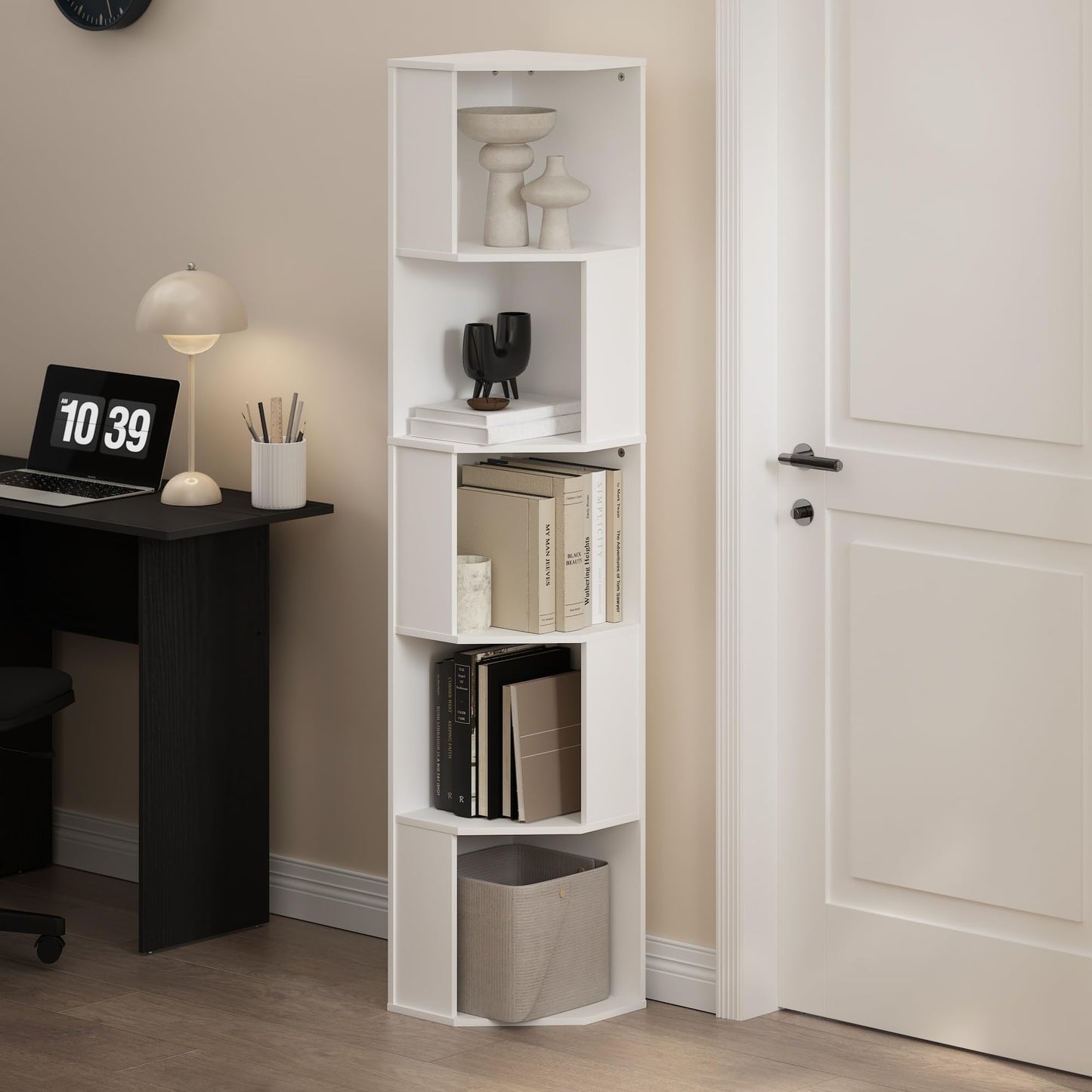 Furinno ECON Corner Shelf, 5-Tier Corner Book Shelf, Standing Storage Shelves, Cube Display Rack