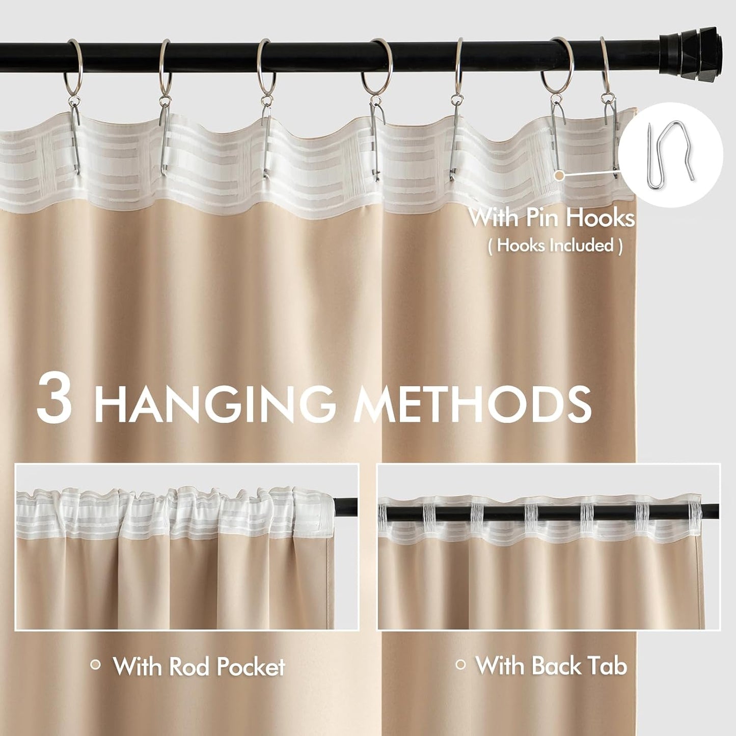 MIULEE Back Tab Beige Curtains 108 Inch Long 2 Panels Set for Living Room Bedroom Privacy, Cream Rod Pocket/Pinch Pleated Light Blocking Extra Long Thermal Insulated Room Darkening Blackout Drapes