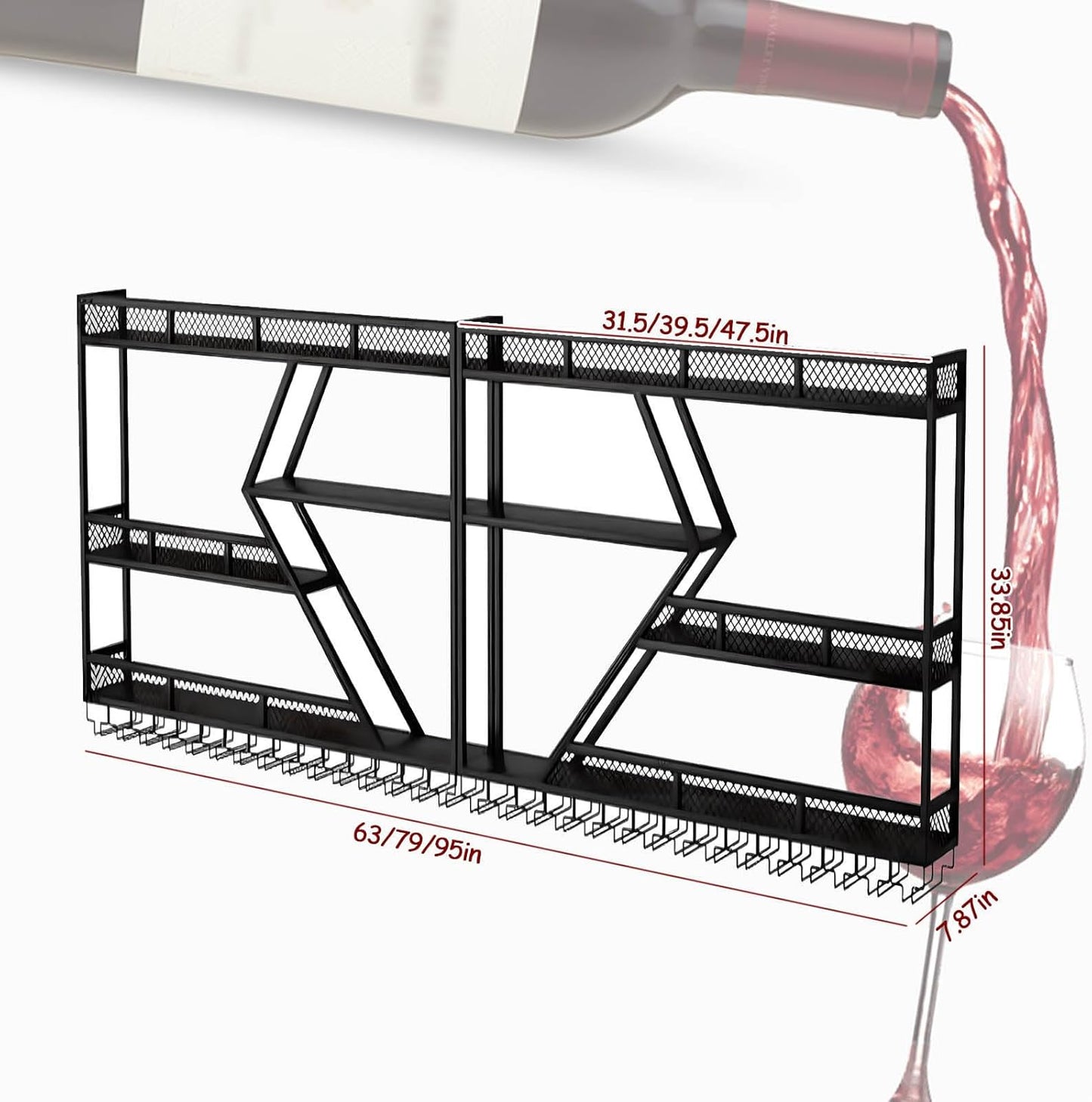 Wall Mounted Wine Rack with Glass Holder, 3-Tier Metal Storage Shelf, Black Diamond Design, Wine Bottle Display with Stemware Storage (Black, 94.48in/240)