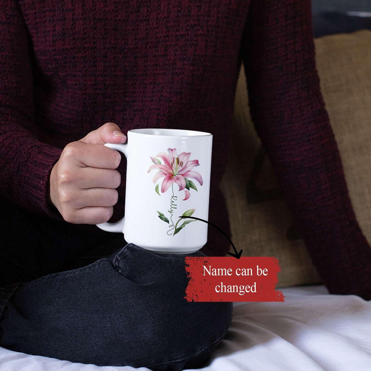 Customized Lily Flower Accent Cup, Novelty Flower Design Mug 11oz 15oz, Personalized Name Lily Lover Ceramic Cup, Custom Flower Decorative Mug, Unique Coffee Cup For Girl