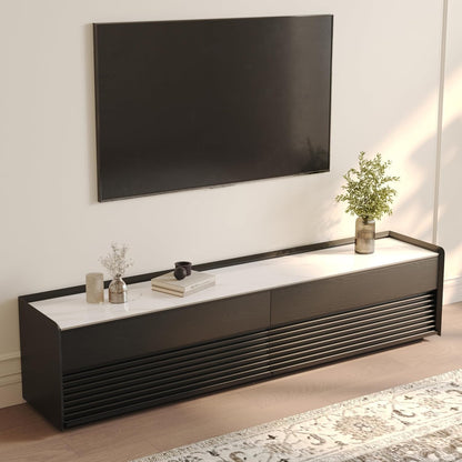 POVISON Fully-Assembled Mid Century Glossy Sintered Stone TV Stand, 78.74" Wood Media Console with Adjustable LED Light, Entertainment Center with Storage for Living Room