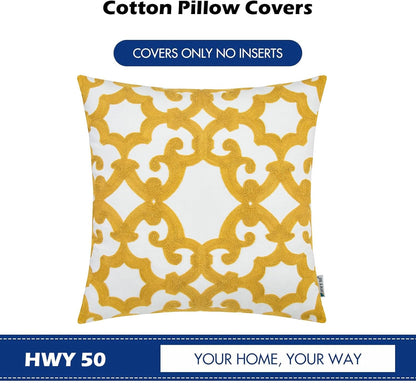 HWY 50 Mustard Yellow Decorative Throw Pillow Covers 18x18 Inch (1 Piece), Embroidered Cotton Farmhouse Cushion Cover Pillow Case for Sofa Couch Living Room Bed, Geometric