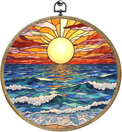 Colorful Boho Waves on The Beach Sunset Gifts for Sunset Lovers Framed Round Wall Decor Canvas Wall Art Hanging Prints Artwork for Home Nursery Bathroom Bedroom Living Room Decorations 10.2X10.2 Inch