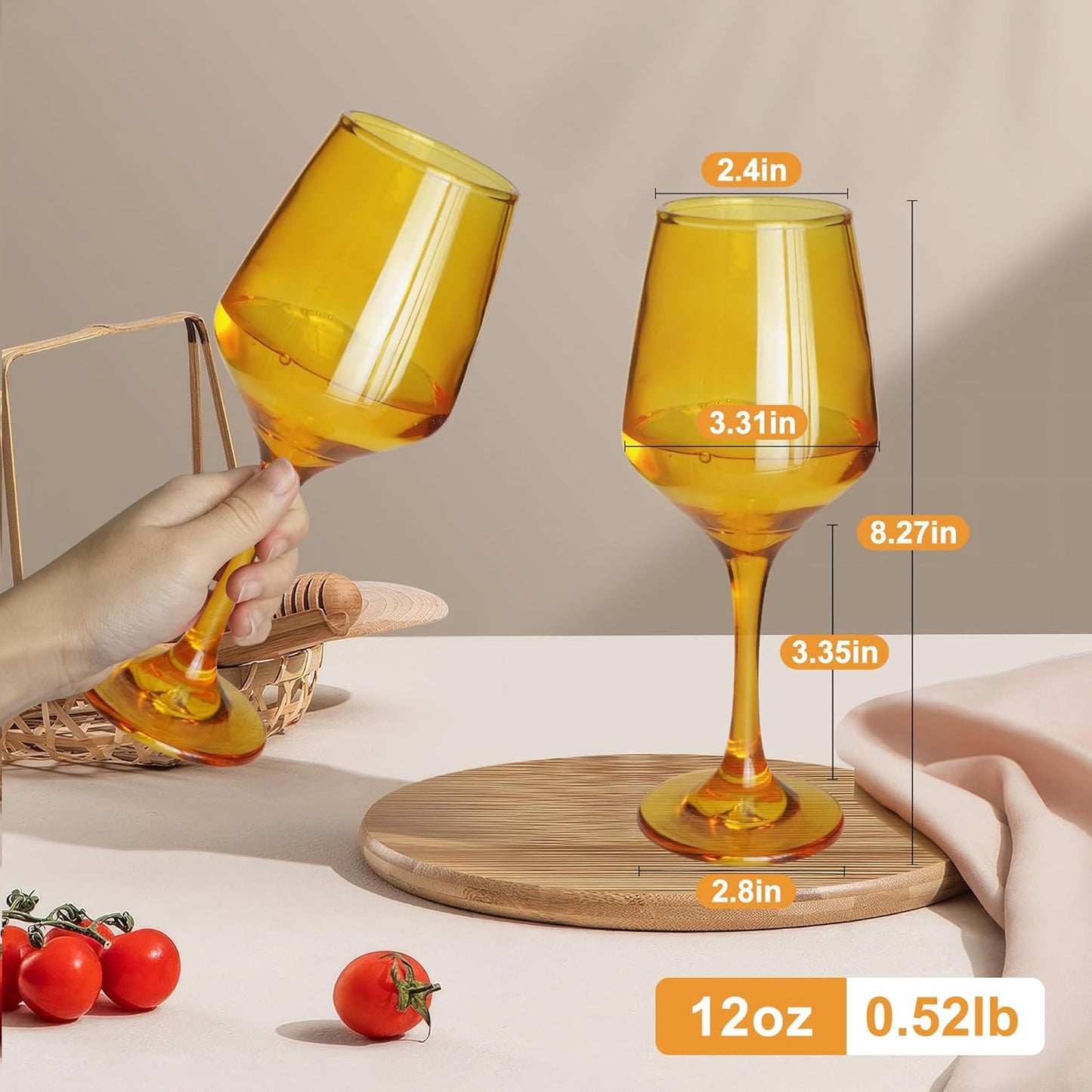 Amber Wine Glasses Set of 6-12oz Amber Long Stem Wine Glass Cups, Pretty Crystal Glassware, Hand Blown Goblets Drinkware, Unique Drinking Stemware Holiday Gift Set