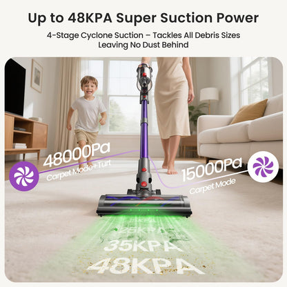Xlife 550W Cordless Vacuum Cleaner 48KPa Powerful Suction, Long Runtime, Green Light Dust Detection, Adjustable Stick, Tangle-Free Brush for Pet Hair/Carpet/Hardwood Floors-P12