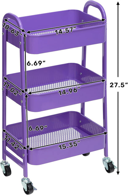 AGTEK Makeup Cart, Movable Rolling Organizer Cart, 3 Tier Metal Utility Cart with Lockable Wheels for Home & Office, Violet