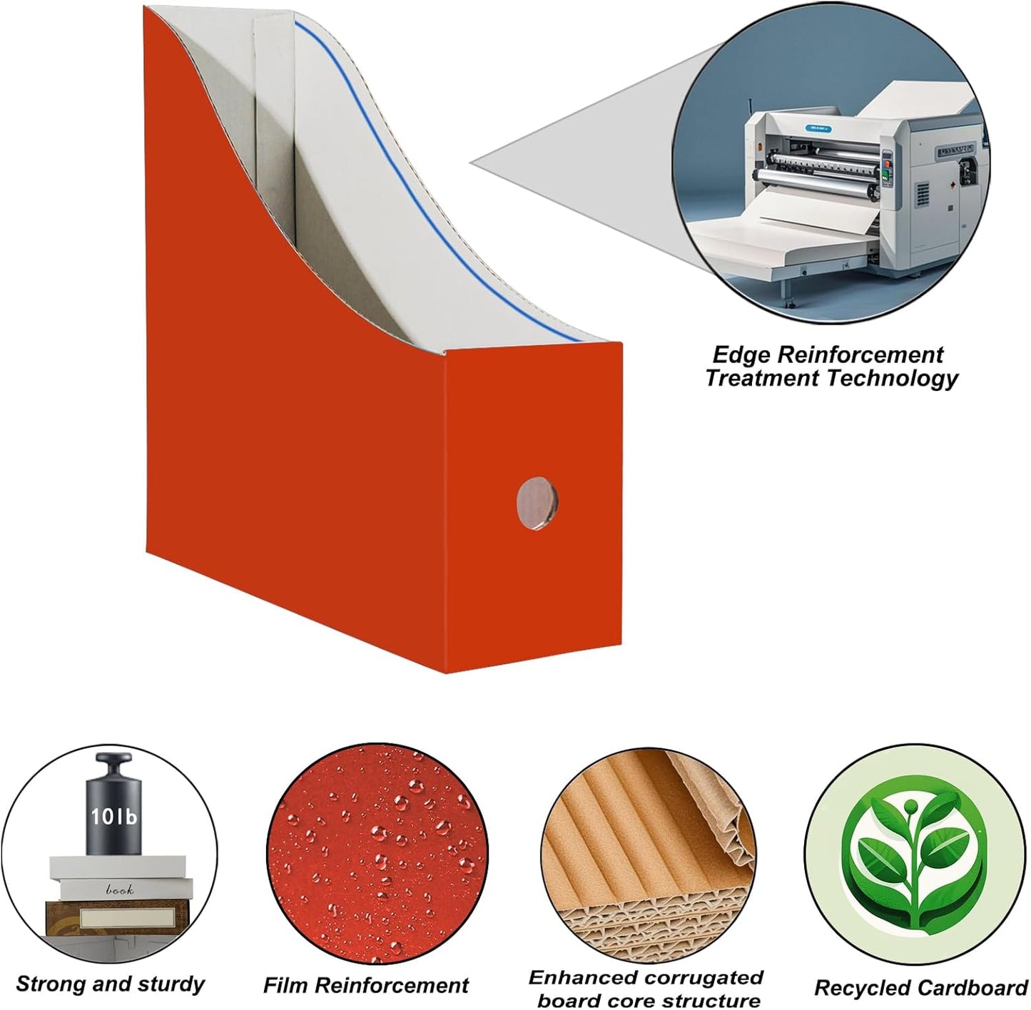 Cardboard Magazine Holder (24 Pack), Sturdy Book Bins for Classroom, Vertical File Folder Organizer, 10.6'' 10.2'' 3.5'' Inch Magazine Rack (Orange-Red, 24 Pack)