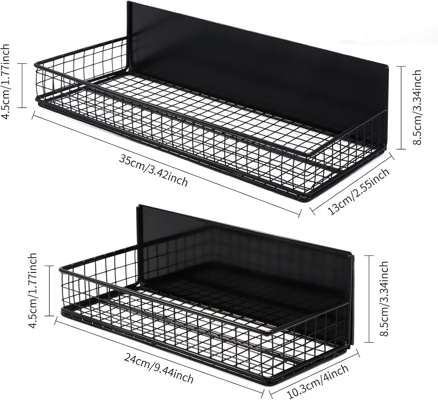 Magnetic Storage Basket, Magnetic Shelf for Fridge,Magnetic Spice Rack Wire Mesh Magnetic Organizer Holder Accessories for Office Kitchen Classroom Storage, Black-Short, Large x1&Small x1 Set of 2