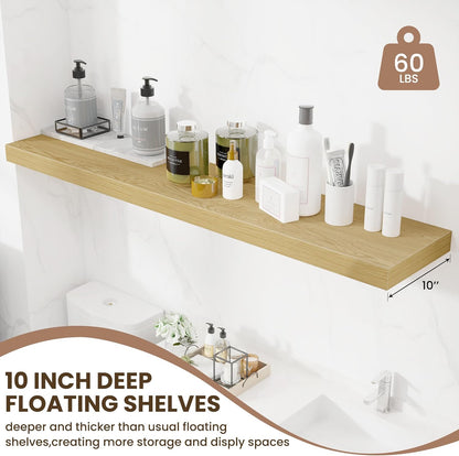 Fun Memories 55 Inch Fireplace Mentel Shelf, 10 Inch Deep Shelves for Display & Wall Storage, Rustic Wood Wall Shelf, Extra Long Floating Shelves for Living Room Laundry Room, Oak, Set of 1