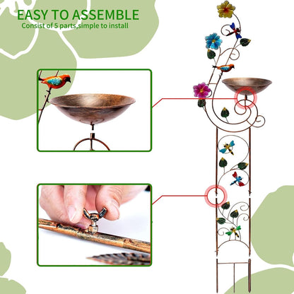 57" Height Metal Bird Bath with Trellis for Outdoor, Vintage Decorative Bird Baths, Small Garden Plant Support, Antique BirdBath for Climbing Plants with Detachable Iron Bowl (Dragonfly)