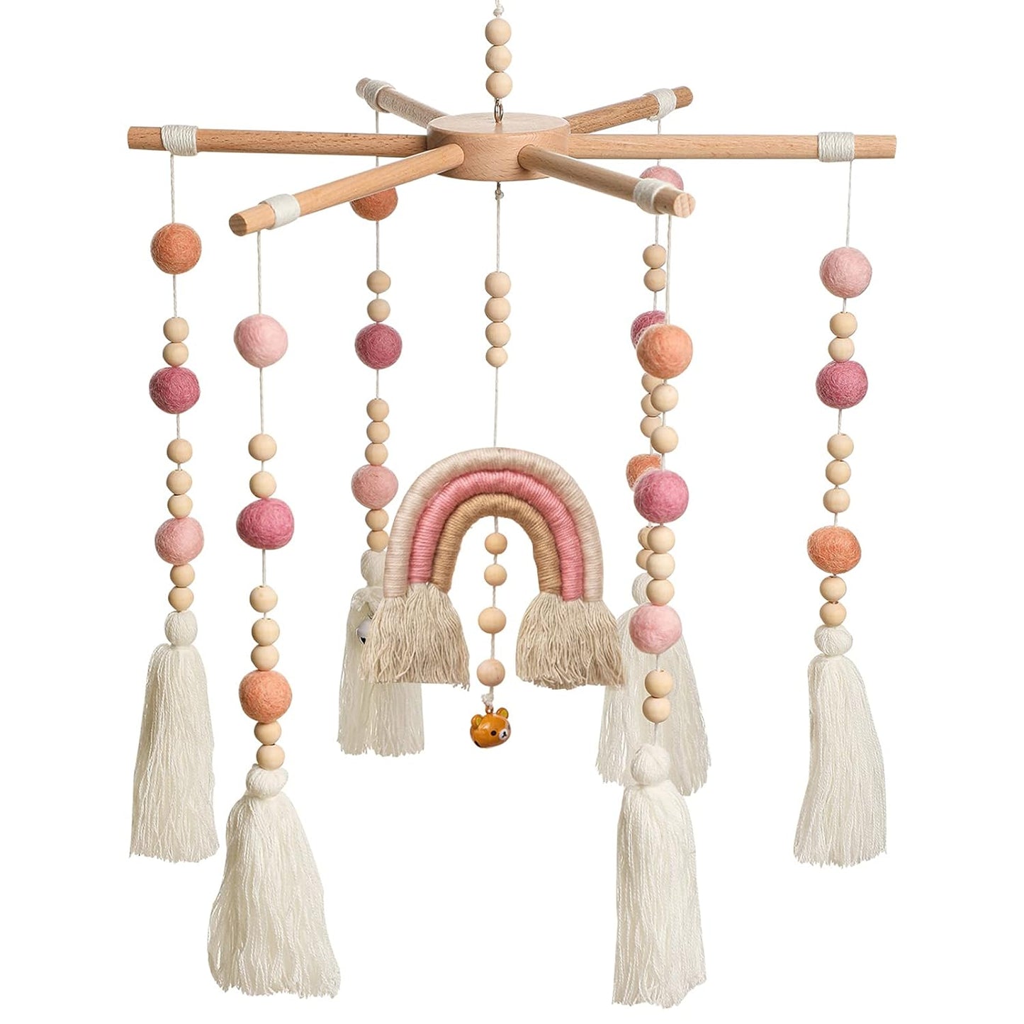 Baby Crib Mobile,Crib Mobile Wooden Mobile with Colorful Cotton Ball Wool Felt Ball Boho Baby Mobile Bassinet Mobile for Crib,Mobile for Baby Nursery and Ceiling Decoration