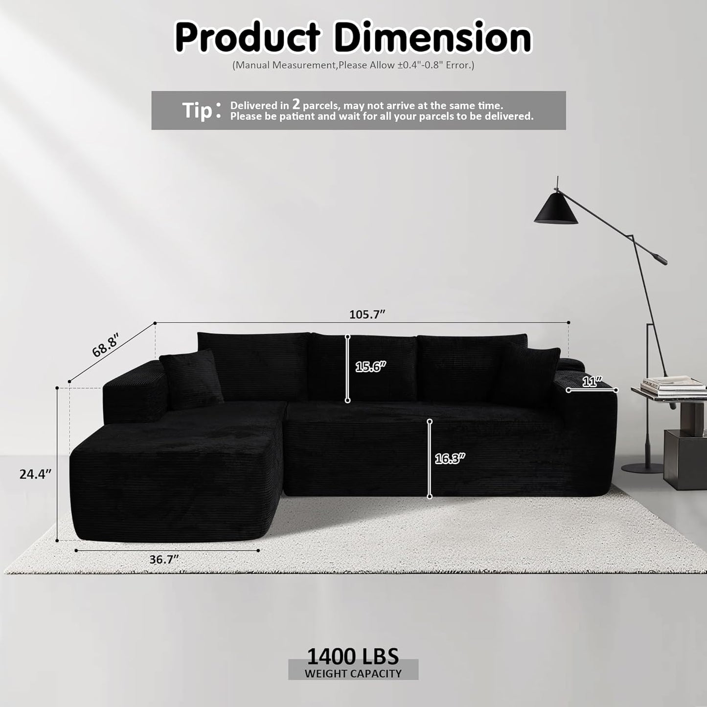 ovios 104" Cloud Sectional Couch with L-Shape Chaise,Modern Modular Sofa with Deep Seat, Upholstered Couches for Living Room Bedroom,No Assembly Required, Black (Corduroy Fabric)