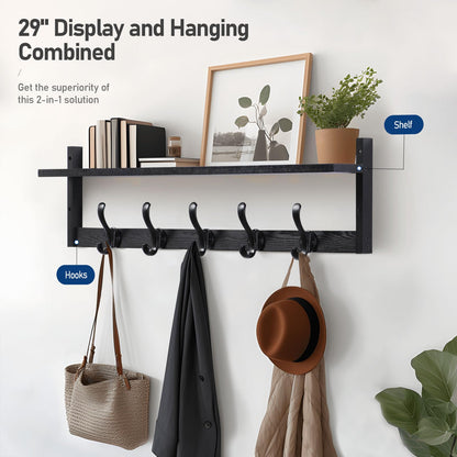 Tatub 29'' Coat Rack Wall Mount with Shelf, Wood Wall Hooks with Storage, Entryway Shelf with 5