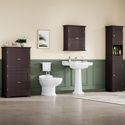 ChooChoo Bathroom Floor Cabinet, Modern Bathroom Storage Cabinet with 4 Doors and Adjustable Shelves, Freestanding Cupboard for Living Room, Espresso