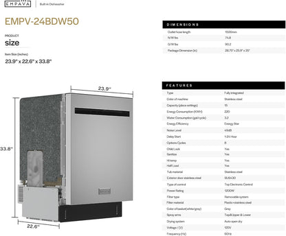 Empava 24 Inch Built-in Dishwasher, Stainless Steel Tub 15 Place Settings, 8 Wash Cycles, Top Control, Auto Door Dry, 49 dB Ultra Quiet, Energy Star & UL Certified