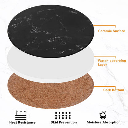 Drink Coasters with Holder Absorbent Ceramic Coasters Set of 6 Black Marble Style, 4 Inches Suitable for Kinds of Cups and Outdoor Picnic
