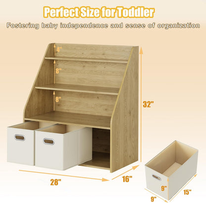 Kids Bookshelf and Toy Organizer, 3-Tier Toy Storage Organizer with 3 Movable Drawers, Montessori Toy Shelf, Nursery Book Shelves Toddler Bookshelf for Kids Room Living Room Nursery