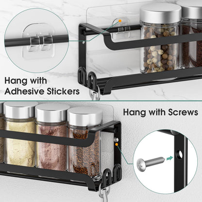 LUCYCAZ 6 Pack Wall Mounted Spice Rack with 22 Hooks, Spice Organizer Shelf for Stove Cabinet Pantry Door,Screw or Adhesive Spice Shelf Hanging Wall Spice Rack in Kitchen and RV (Black, 6 PACK)