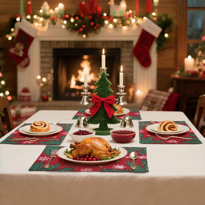 MANSPHIL Red Christmas Placemats Set of 4 - Farmhouse Snowflake Cotton Faux Linen Cloth Table Place Mats Heat Resistant Washable for Dining Kitchen - 13x19 Inch