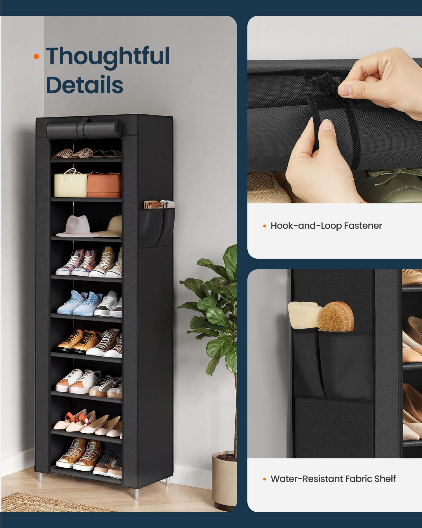 SONGMICS Home Shoe Rack 10-Tier, Tall Narrow Metal Shoe Organizer with Dust Cover, 11.2 x 19.1 x