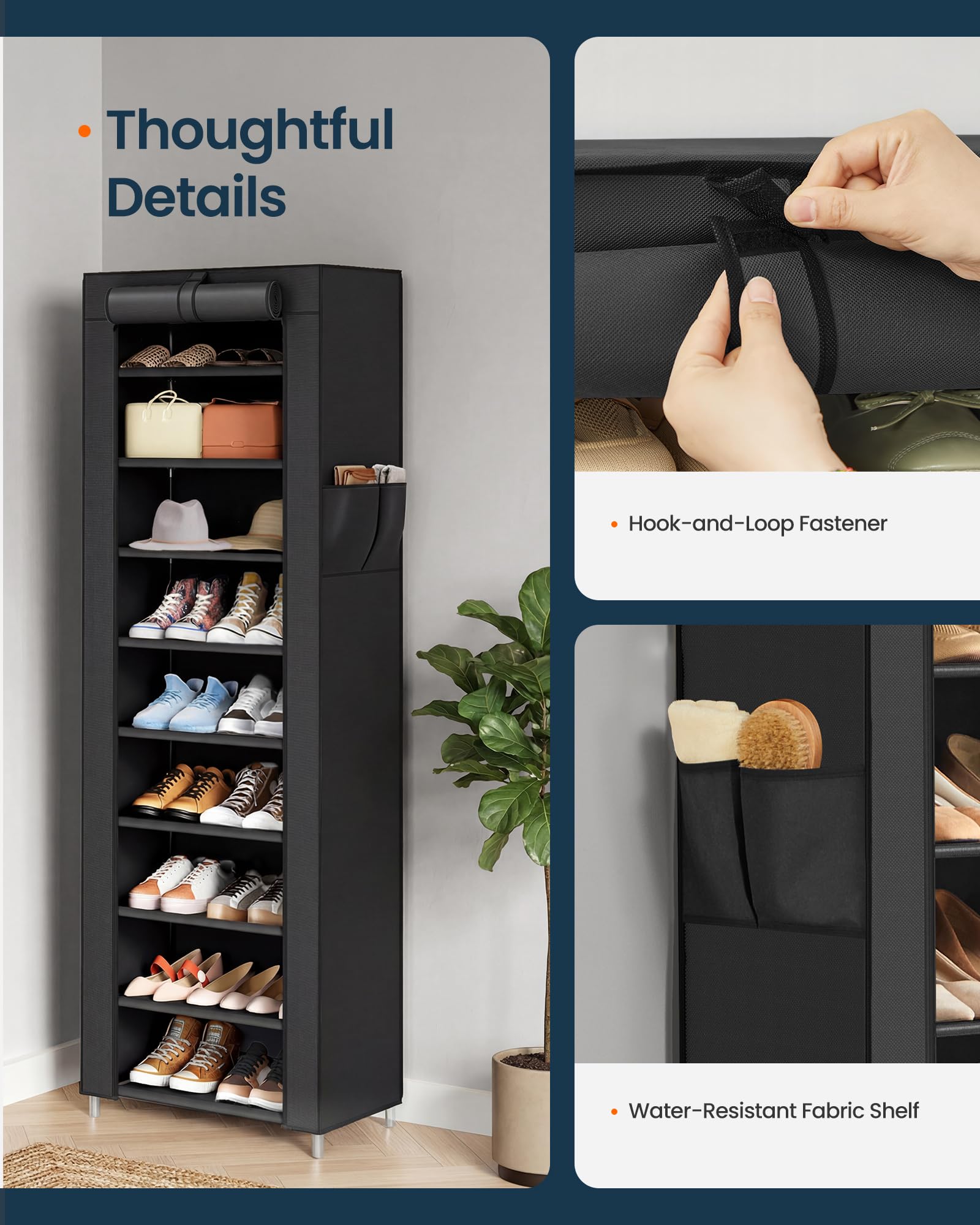 SONGMICS Home Shoe Rack 10-Tier, Tall Narrow Metal Shoe Organizer with Dust Cover, 11.2 x 19.1 x