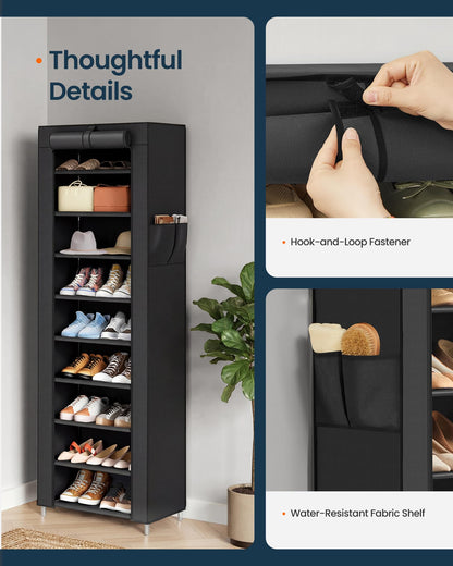 SONGMICS Home Shoe Rack 10-Tier, Tall Narrow Metal Shoe Organizer with Dust Cover, 11.2 x 19.1 x