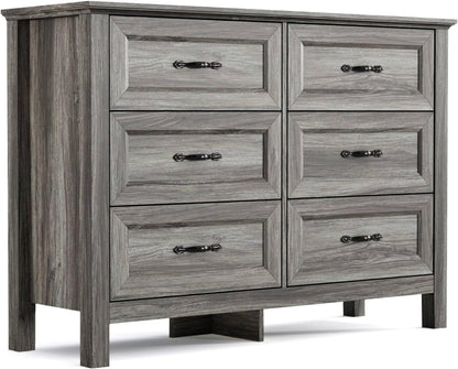 LINSY HOME Farmhouse 6-Drawer Dresser - Grey Chest of Drawers for Bedroom and Living Room Organization, Wood Dresser with Ample Storage Space and Rustic Charm