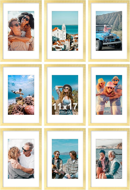 Vittanly 11x17 Picture Frames Set of 9, Shatter Resistant Plexiglass, Display 8x12 Pictures with Mat or 11x17 without Mat, Photo Frames for Wall Mount, Engineered Wood, Gold