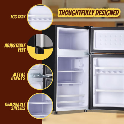 Mini Fridge with Freezer Small Refrigerator Double Door Dorm Fridge for Single Removable Shelves for Bedroom, Office, Dorm Black