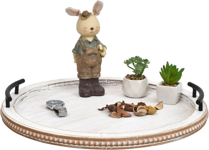 SwallowLiving 18Inch White Wooden Beaded Serving Tray with Handle Decorative Rustic Whitewashed Tray for Coffee Table Farmhouse Round Tray for Kitchen, Living Room and Bedroom