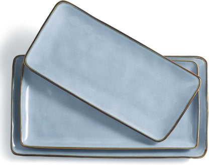 famiware Serving Platter, Rectangular 15.67/14.1/12.6inch Serving Dishes for Entertaining, Reactive Glaze, Stoneware Serving Trays for Party, Food, Turkey, Snack, Cheese, Ocean Series, Blue