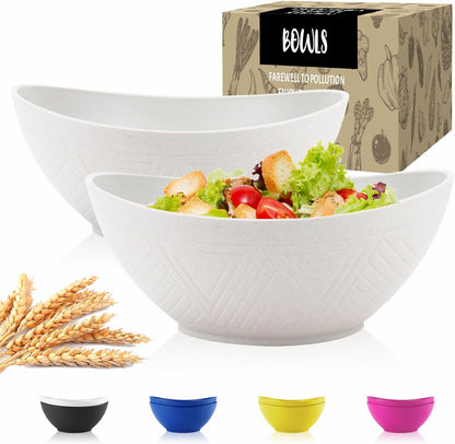Wheat Straw Bowls Set of 2 with Textured Pattern,Unbreakable Large Salad Bowls,Plastic Bowls Dishwasher & Microwave,Sturdy and Stackable Kitchen Bowl Sets for Serving,Oatmeal.White