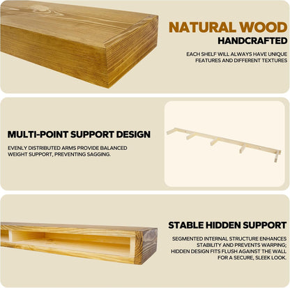 Floating Shelves 3 inch Thick for Wall Set of 2,Solid Pine Wood Wall Mount Shelf for Kitchen Living Room Bedroom Bathroom,8" D x 60" L x 3" H-Gold Oak