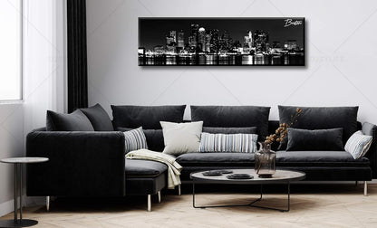 DJSYLIFE Boston Skyline Wall Art Canvas Wall Art Black and White Modern Panoramic Cityscape Pictures Paintings for Bedroom Office Decor, Ready to Hang 13.8"x47.3"