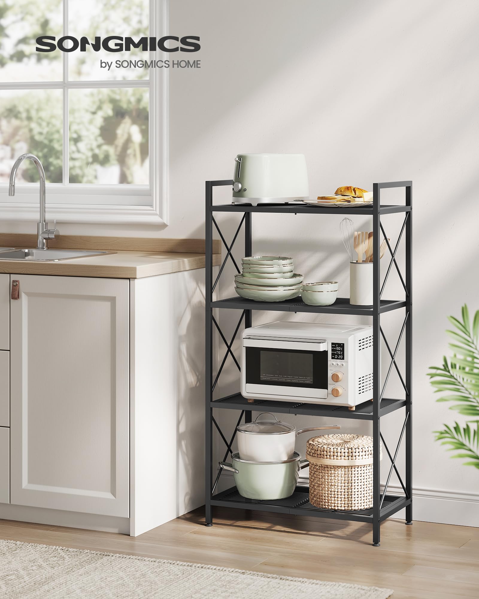 SONGMICS 4-Tier Metal Storage Rack, Shelving Unit with X Side Frames