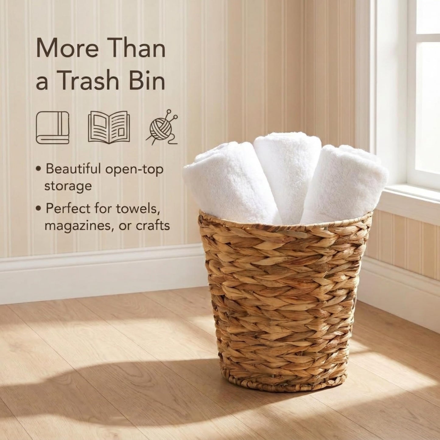 Household Essentials Wicker Waste Basket, Woven Leaf Basket with Wire Frame, Trash Bin or Storage